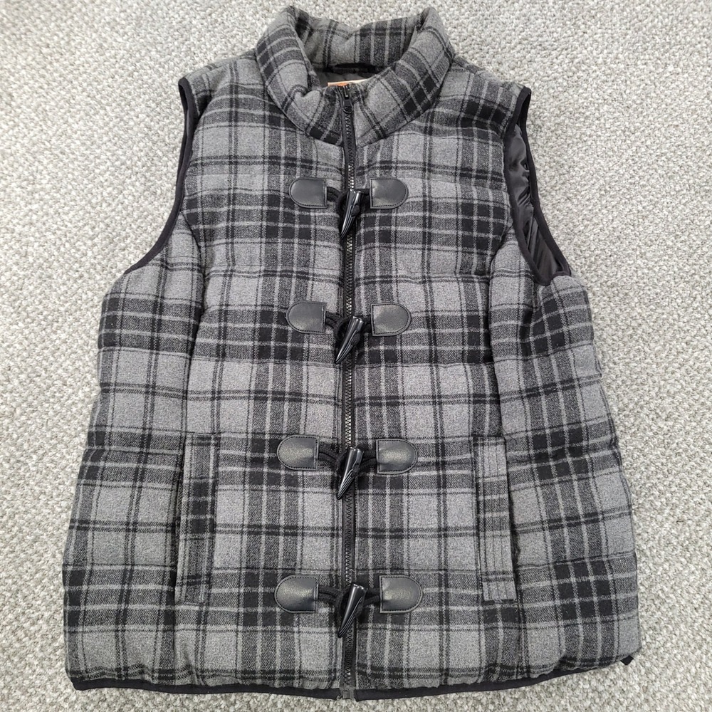RuffHewn Mens Quilted Grey Plaid Wool Blend Puffer Vest Toggle Zip Front Large